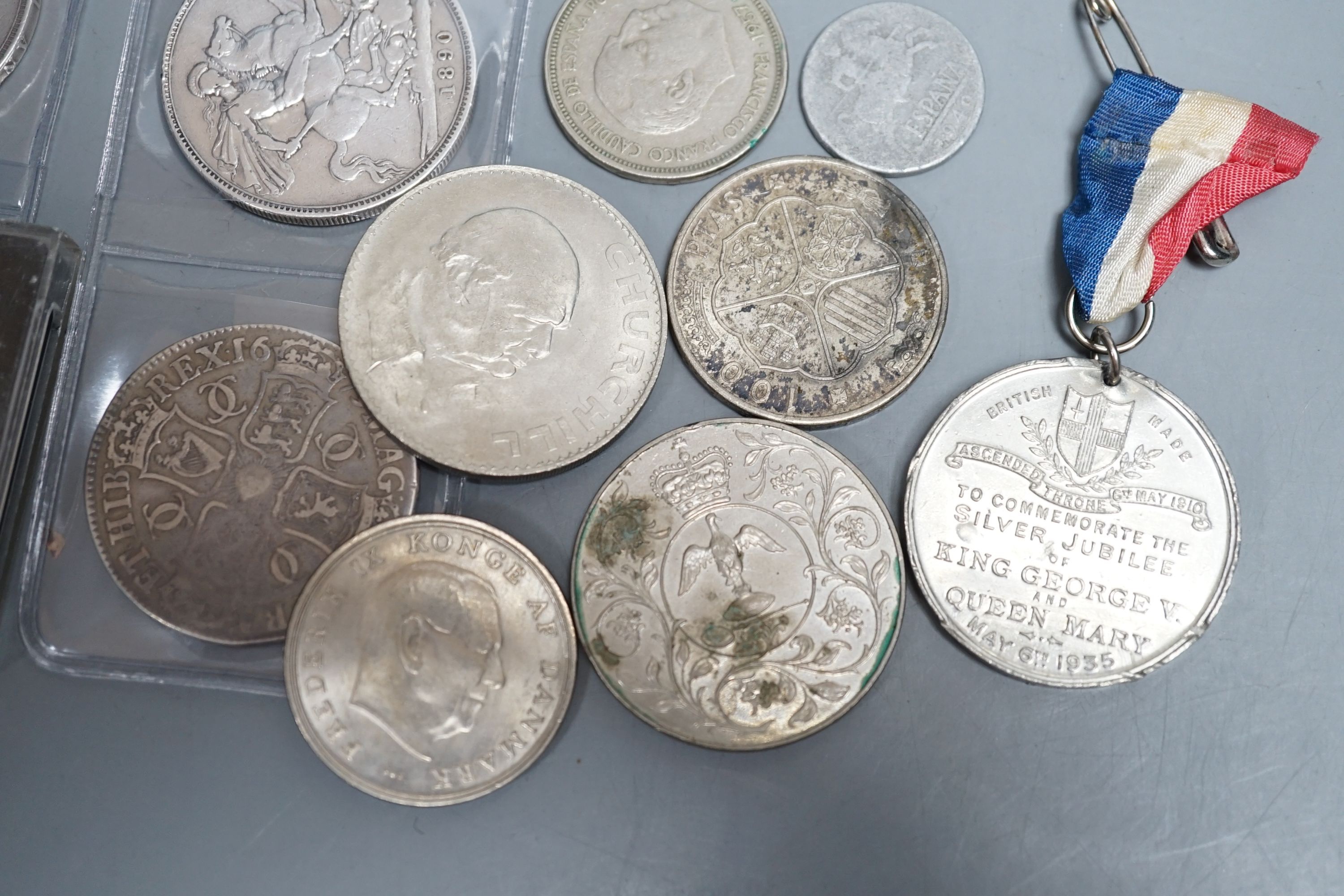 Charles II crown 1679, three Victorian silver crowns, Morgan dollar, etc.